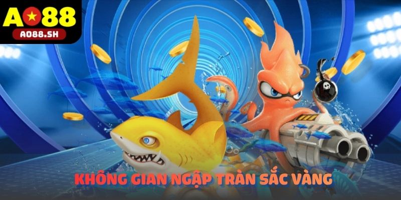 Không gian ngập tràn sắc vàng may mắn của sảnh bắn cá thần tài.